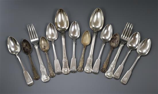Assorted silver flatware including Kings, hourglass and fiddle patterns.